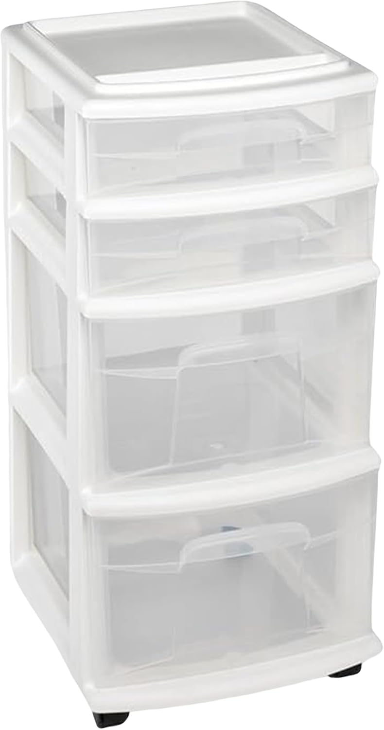 4-Tier Rolling Drawer Tower, 2-Pack – Clear Plastic Drawers, Black Frame