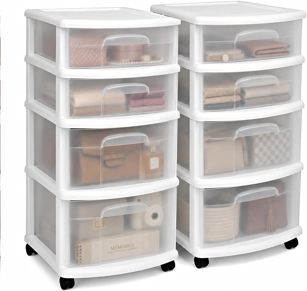4-Tier Rolling Drawer Tower, 2-Pack – Clear Plastic Drawers, Black Frame