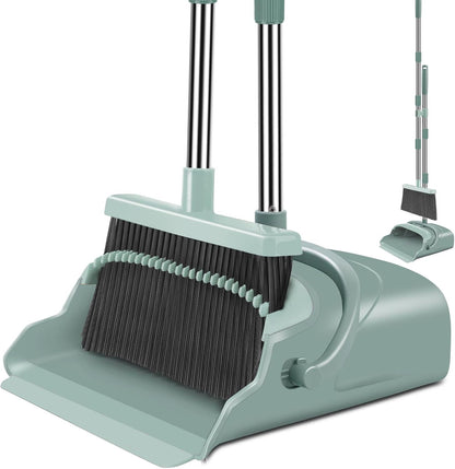 Kelamayi Upgrade Broom & Dustpan Set, Long Handle, Indoor Outdoor Use (Green)