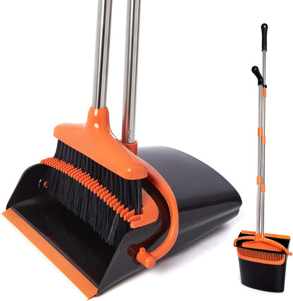 Broom & Dustpan Set, Stainless Steel, Long Handle, Home & Office (Brown/Beige)