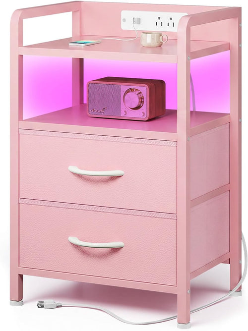 Nightstand with LED & Charging Station – 2 USB-A Ports, AC Outlet, 2 Fabric Drawers, Black
