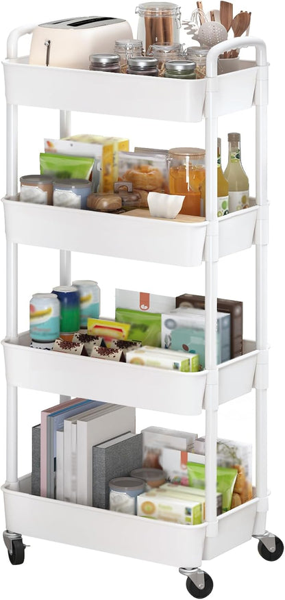 Sywhitta 3-Tier Plastic Rolling Storage Cart – White, Movable Organizer with Wheels for Kitchen, Bathroom, Living Room, Office