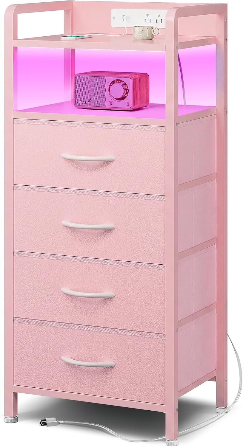 Nightstand with LED & Charging Station – 2 USB-A Ports, AC Outlet, 2 Fabric Drawers, Black