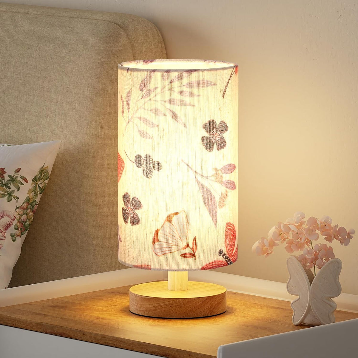9" Small Table Lamp for Bedroom & Kids Room – Cream Shade, Wood Base, 3000K Bulb, Minimalist Design