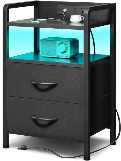 Nightstand with LED & Charging Station – 2 USB-A Ports, AC Outlet, 2 Fabric Drawers, Black