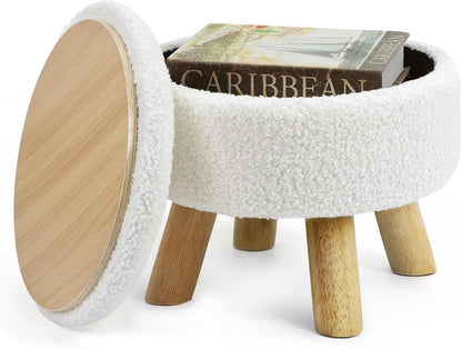 Round Ottoman Foot Stool with Storage – Soft Sponge, Wood Legs for Living Room, Bedroom, Entryway (Cream)