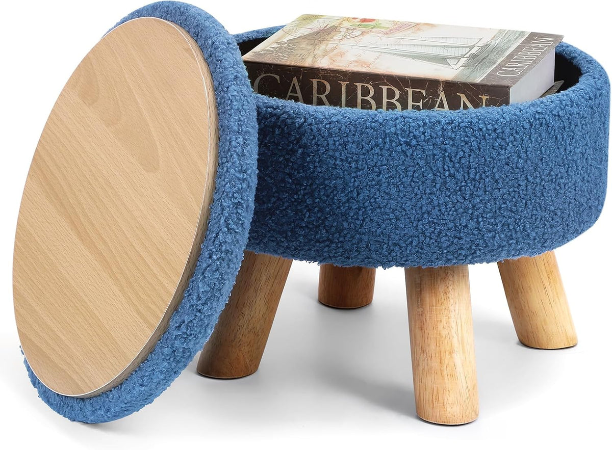 Round Ottoman Foot Stool with Storage – Soft Sponge, Wood Legs for Living Room, Bedroom, Entryway (Cream)