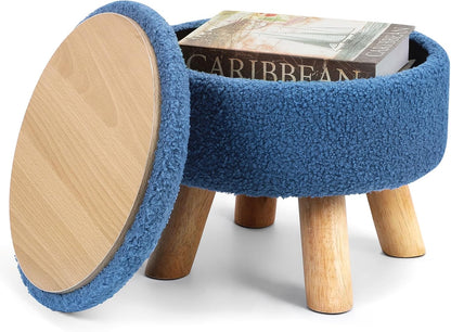 Round Ottoman Foot Stool with Storage – Soft Sponge, Wood Legs for Living Room, Bedroom, Entryway (Cream)