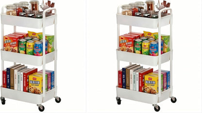 Sywhitta 3-Tier Plastic Rolling Storage Cart – White, Movable Organizer with Wheels for Kitchen, Bathroom, Living Room, Office
