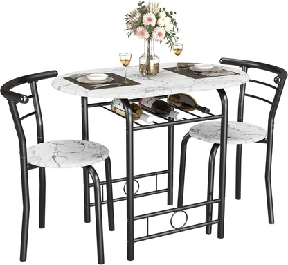 3-Piece Round Table & Chair Set for Kitchen & Dining Room – Wood Grain Top, Metal Frame, Wine Rack (Walnut/Black)