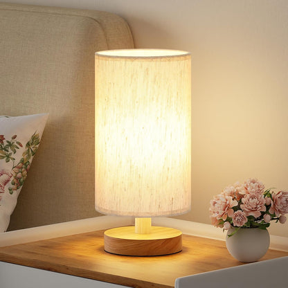 9" Small Table Lamp for Bedroom & Kids Room – Cream Shade, Wood Base, 3000K Bulb, Minimalist Design