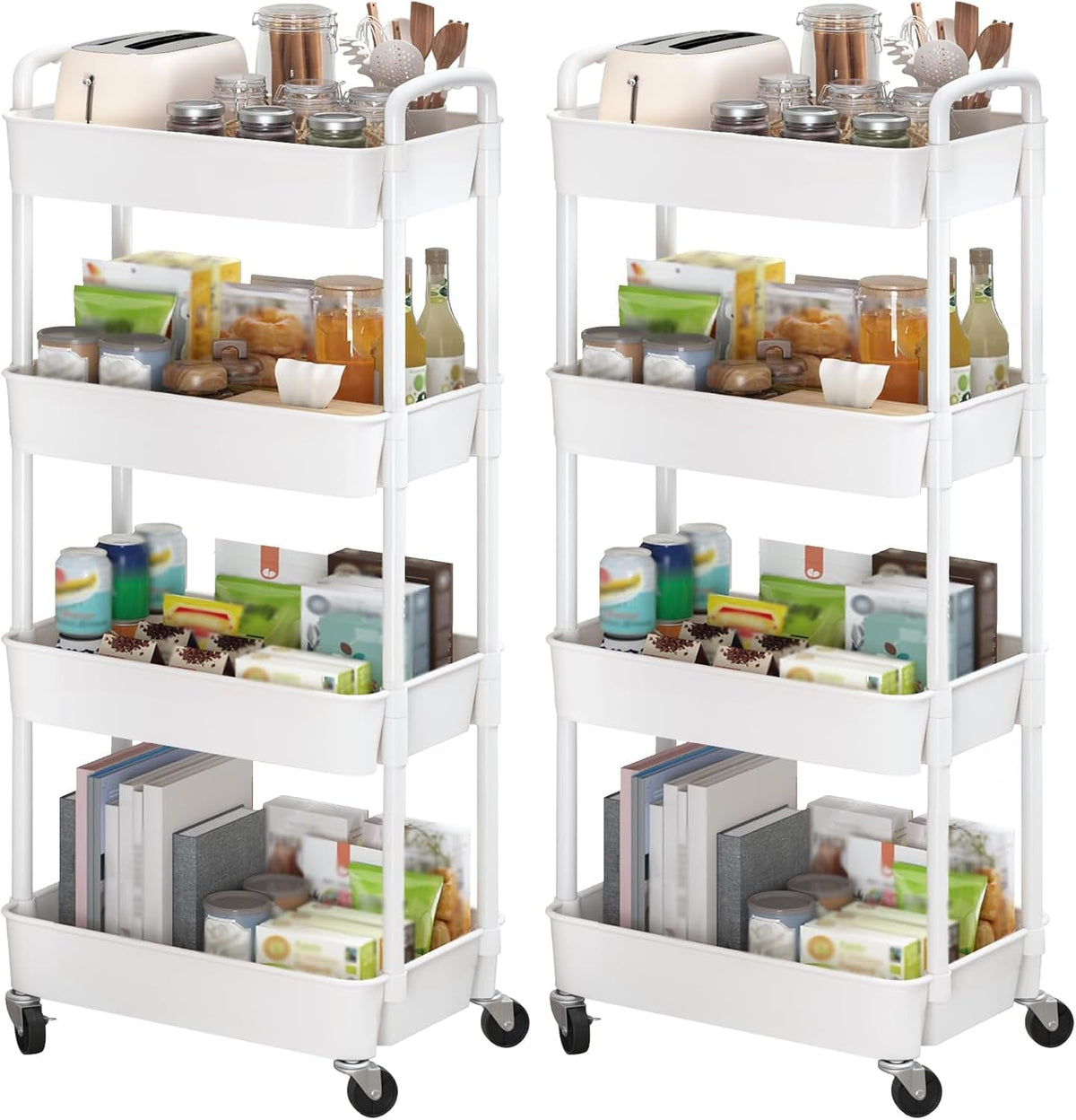 Sywhitta 3-Tier Plastic Rolling Storage Cart – White, Movable Organizer with Wheels for Kitchen, Bathroom, Living Room, Office