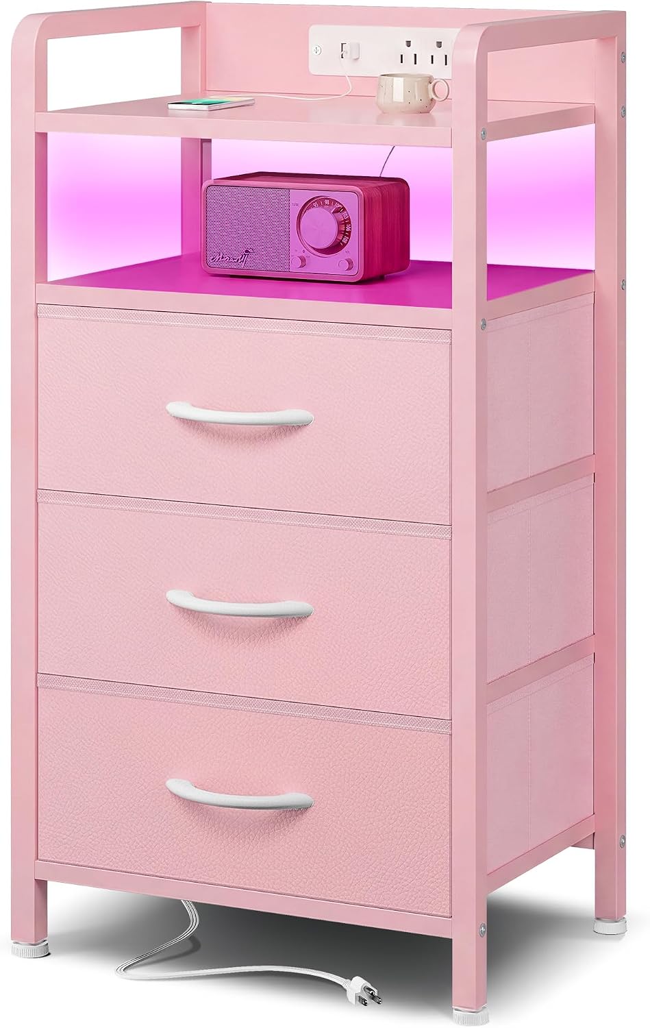Nightstand with LED & Charging Station – 2 USB-A Ports, AC Outlet, 2 Fabric Drawers, Black
