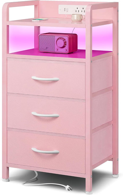 Nightstand with LED & Charging Station – 2 USB-A Ports, AC Outlet, 2 Fabric Drawers, Black