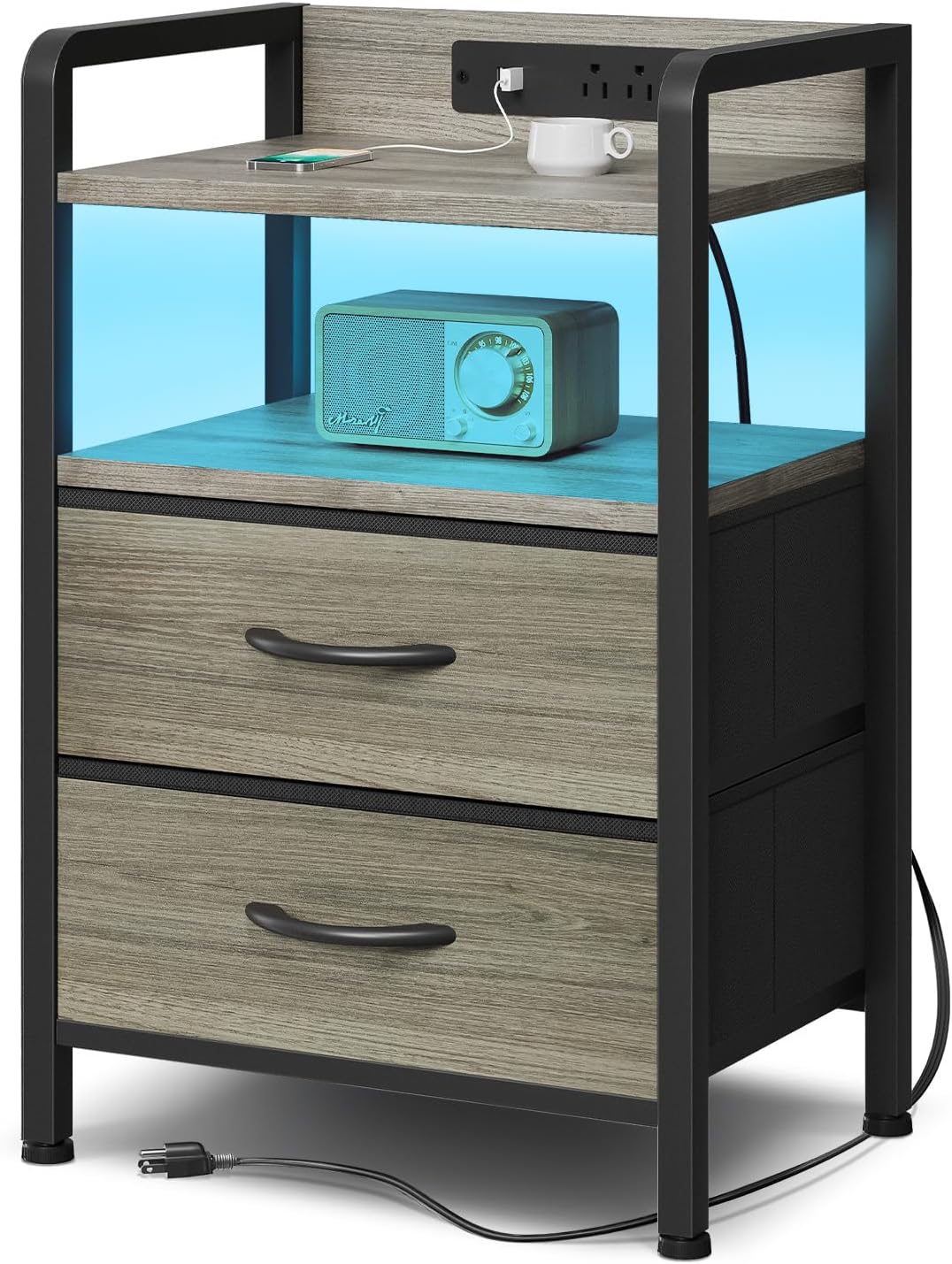 Nightstand with LED & Charging Station – 2 USB-A Ports, AC Outlet, 2 Fabric Drawers, Black