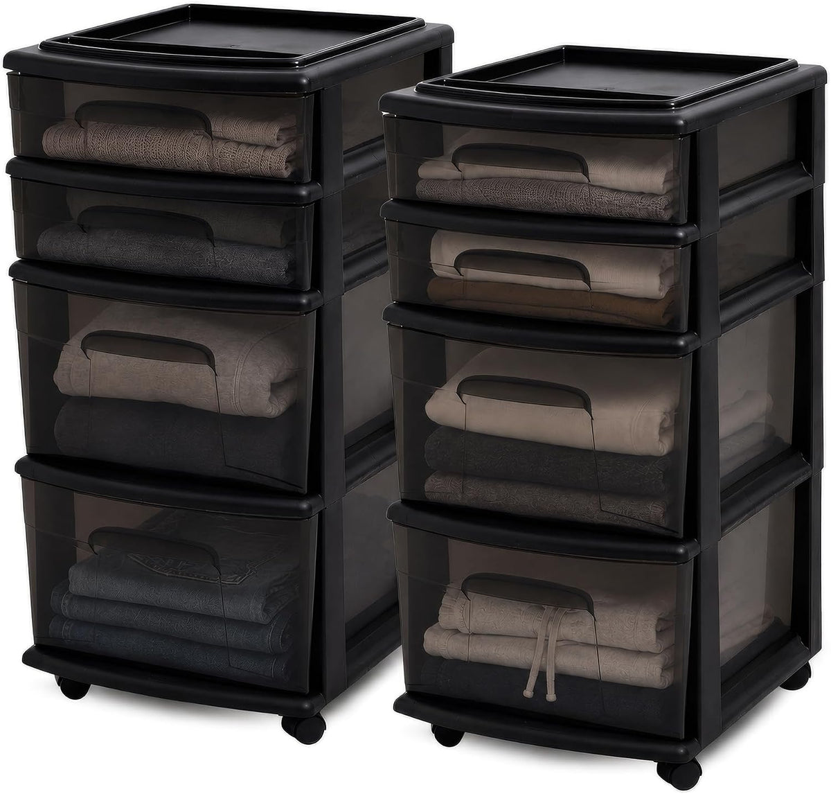 4-Tier Rolling Drawer Tower, 2-Pack – Clear Plastic Drawers, Black Frame