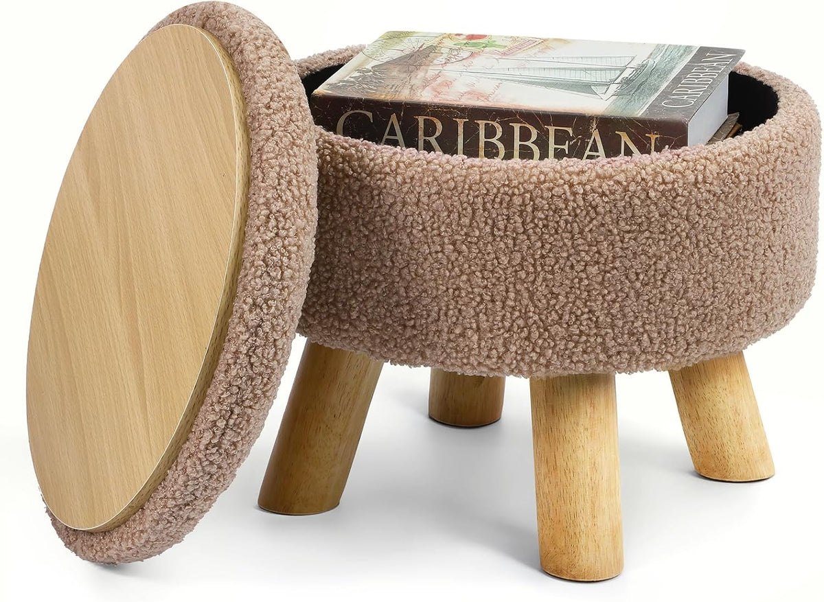 Round Ottoman Foot Stool with Storage – Soft Sponge, Wood Legs for Living Room, Bedroom, Entryway (Cream)