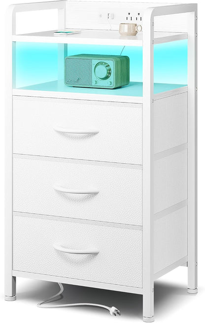 Nightstand with LED & Charging Station – 2 USB-A Ports, AC Outlet, 2 Fabric Drawers, Black