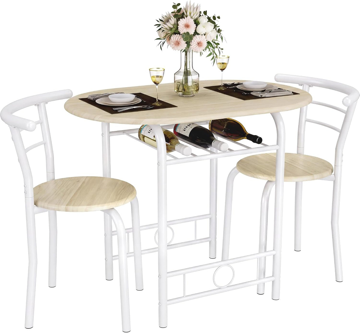 3-Piece Round Table & Chair Set for Kitchen & Dining Room – Wood Grain Top, Metal Frame, Wine Rack (Walnut/Black)