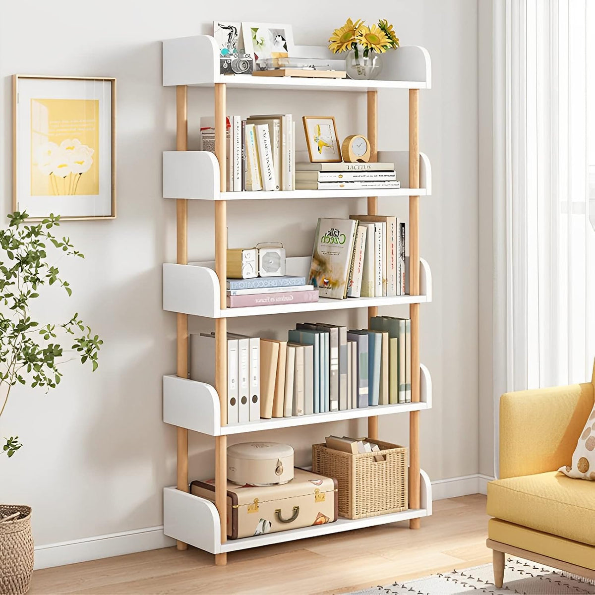 5-Tier Wooden Bookcase in Oak – Solid Wood Frame, Top Edge Design for Home & Office
