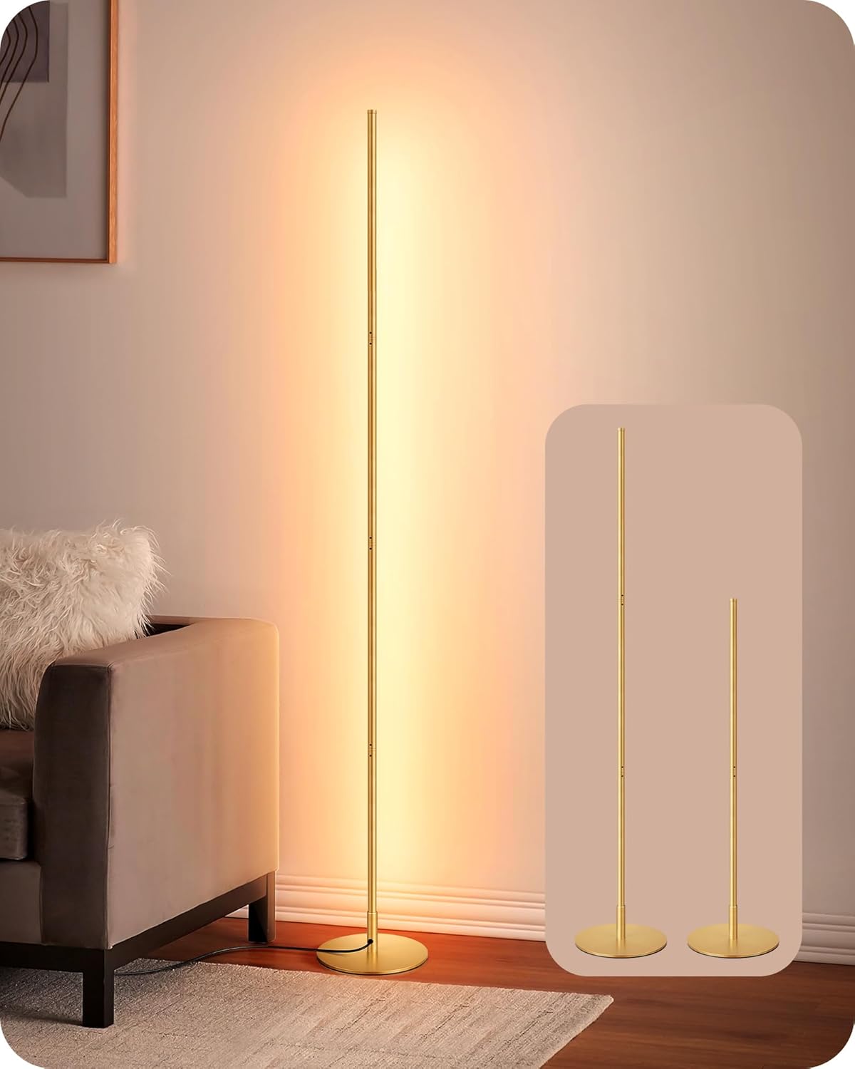 Modern Floor Lamp, Stepless Dimmable & Height Adjustable, Gold