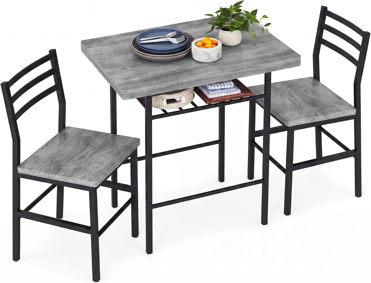 3-Piece Round Table & Chair Set for Kitchen & Dining Room – Wood Grain Top, Metal Frame, Wine Rack (Walnut/Black)