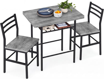 3-Piece Round Table & Chair Set for Kitchen & Dining Room – Wood Grain Top, Metal Frame, Wine Rack (Walnut/Black)