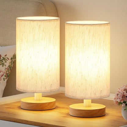 9" Small Table Lamp for Bedroom & Kids Room – Cream Shade, Wood Base, 3000K Bulb, Minimalist Design