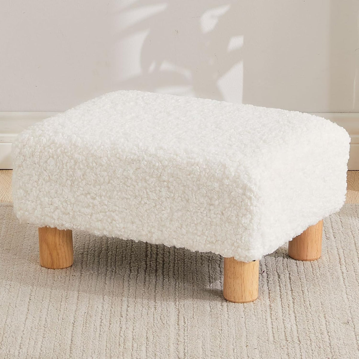 Small Rectangle Sherpa Foot Stool – Ottoman Foot Rest for Couch, Living Room & Bedroom (White)