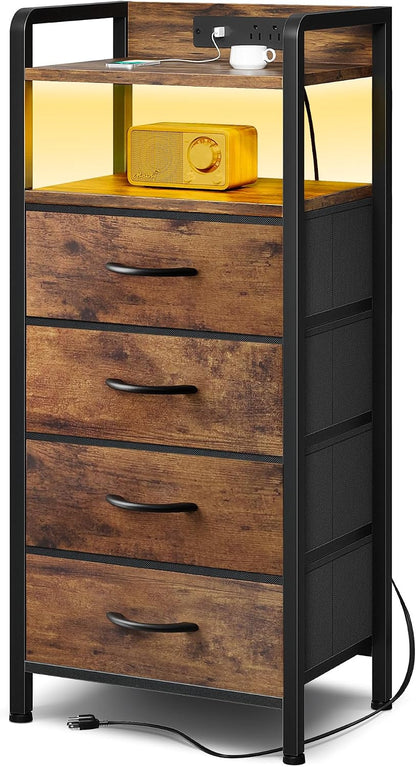 Nightstand with LED & Charging Station – 2 USB-A Ports, AC Outlet, 2 Fabric Drawers, Black