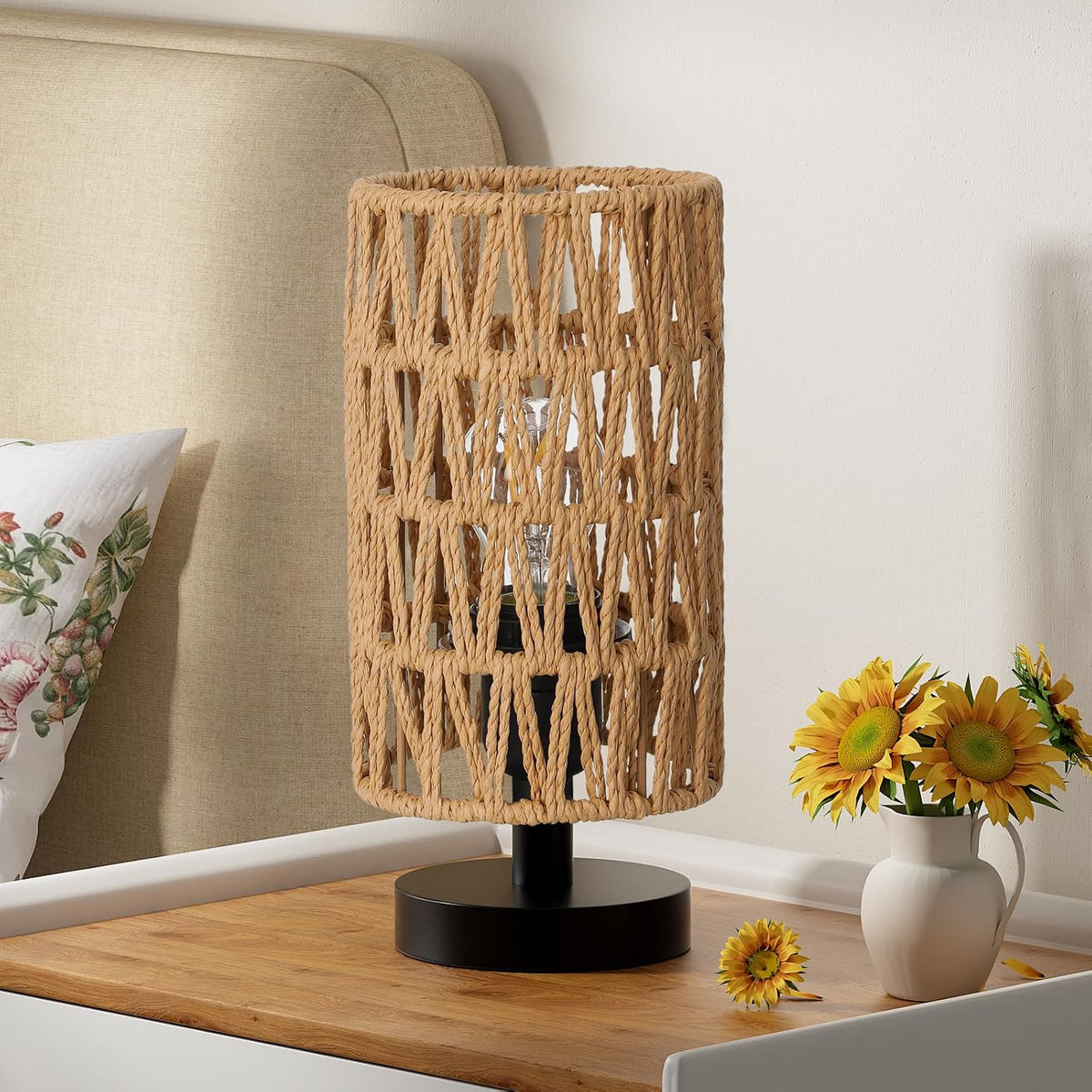 9" Small Table Lamp for Bedroom & Kids Room – Cream Shade, Wood Base, 3000K Bulb, Minimalist Design