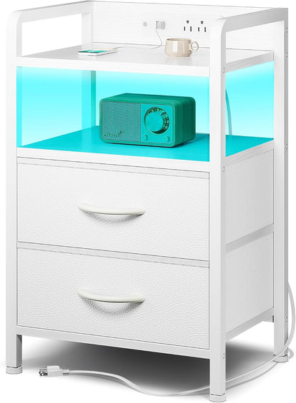 Nightstand with LED & Charging Station – 2 USB-A Ports, AC Outlet, 2 Fabric Drawers, Black
