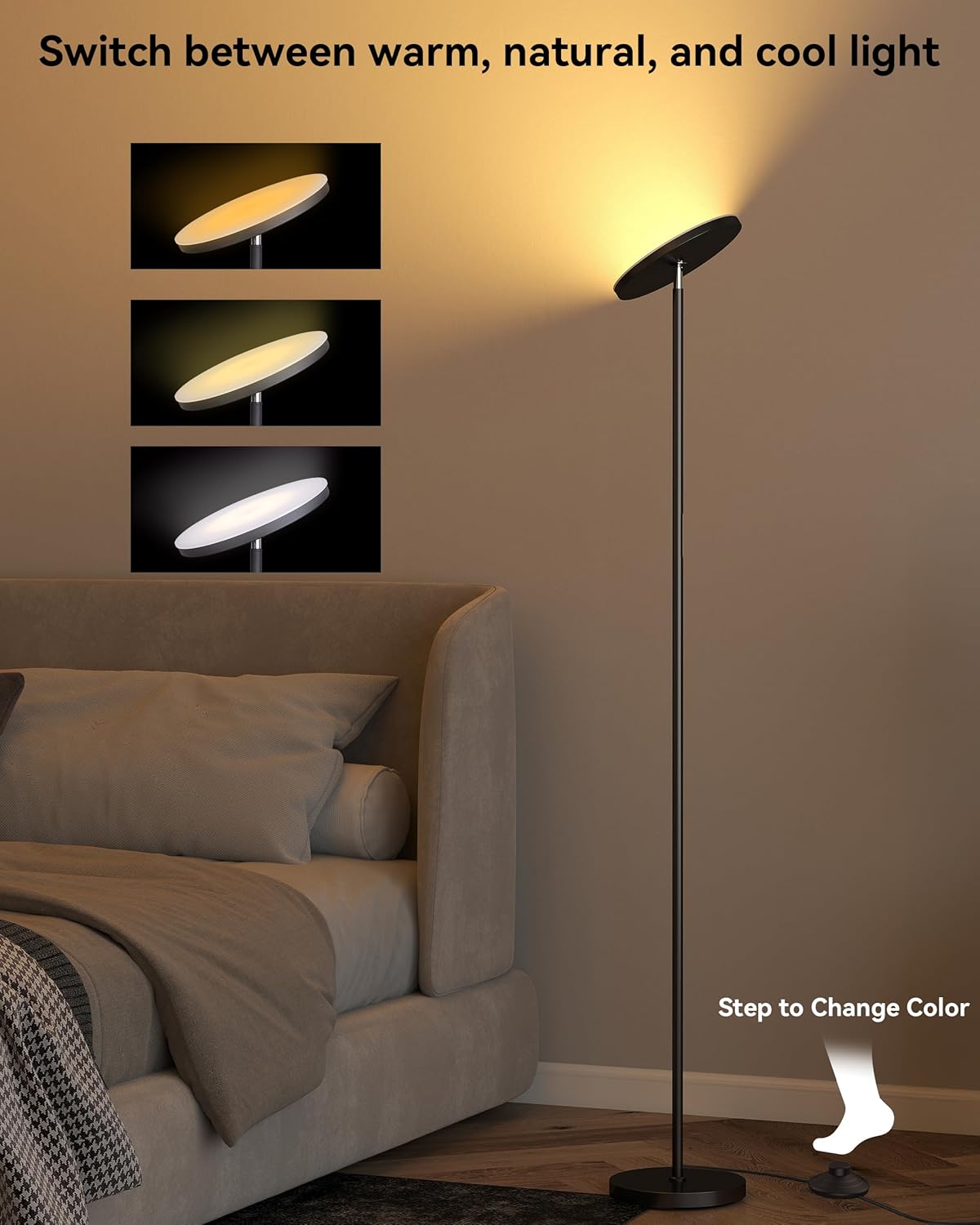 LED Torchiere Floor Lamp w/Remote – 30W/3000LM, Stepless Dimming, 3 Color Temps, Timer