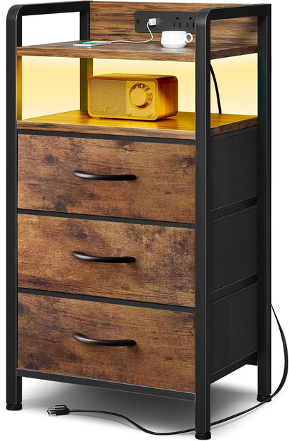Nightstand with LED & Charging Station – 2 USB-A Ports, AC Outlet, 2 Fabric Drawers, Black