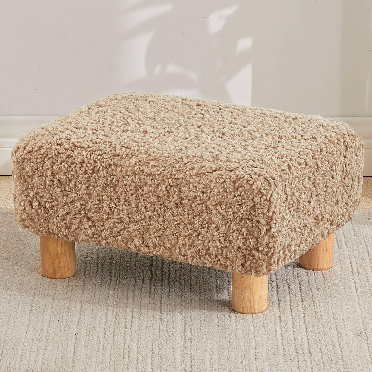 Small Rectangle Sherpa Foot Stool – Ottoman Foot Rest for Couch, Living Room & Bedroom (White)
